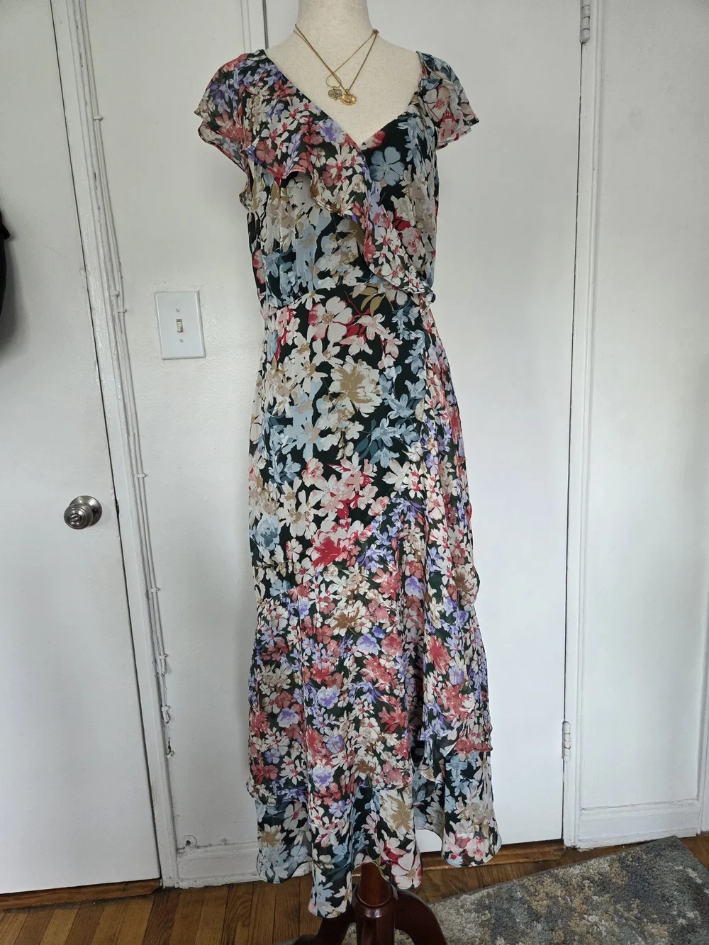Lulu's Black Multi Floral Ruffle Wrap Maxi Dress - Picture 1 of 6
